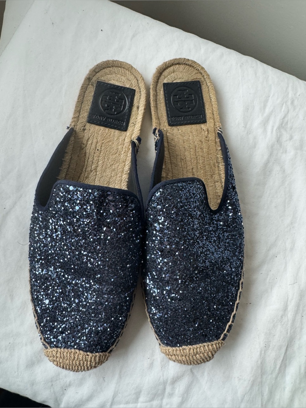 Tory Burch Navy Glitter Espadrille Mules Size 9
